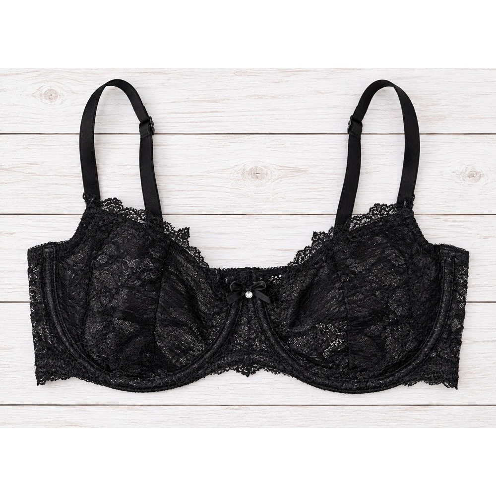 H&M Bra Black Lace Floral Underwire Bow Rhinestone Lingerie Goth Romantic 36C